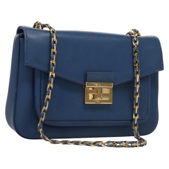 FENDI Chain Shoulder Bag Leather Blue Auth 115580 - Picture 1 of 16